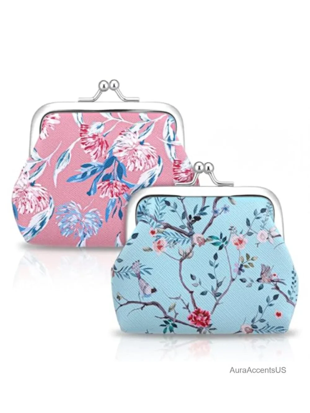 2-Piece Kiss Lock Coin Purse Set, Floral Print, PU Leather Small Wallets for
